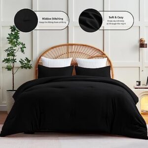 CozyLux Queen Comforter Set Black, 3 Pieces Solid Queen Comforter Breathable Quilted Style Bedding Sets, Luxury Soft Microfiber Down Alternative Comforter for All Season (1 Comforter & 2 Pillowcases) - Image 3