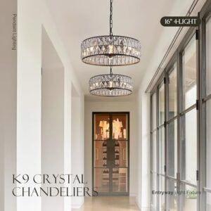 16” 4-Light Modern Crystal Chandeliers Black Dinning Room Light Fixture, Round Pendant Light Kitchen Island Chandelier, Flush Mount Ceiling Light for Living Room Entryway Bedroom Foyer - Image 6