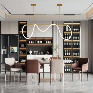 Modern Dimmable Desk Linear Pendant Light, Gold with Remote Ring Chandelier, 39 in Height Adjustment Dining Room Ceiling Lamp Fixture, Restaurant Kitchen Long Hose Lamp