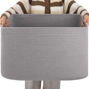 OIAHOMY XXLarge Rectangle Blanket Basket-96L, Cotton Woven Basket for Storage, Dirty Clothes Basket for Living Room, Nursery, Bedroom, Toy Organizing with Handle, 24" x 16" x 15", Grey