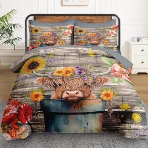 7 Pcs Full Size Comforter Set with 2 Pillowcases & 2 Shams, Highland Cow Flower Bedding for Kids and Adults, Happy Cute Cartoon Bed in a Bag with Flat Fitted Sheet - Image 2