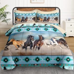 5 Pcs Twin Size Comforter Set with Pillowcase & Sham, Horses Desert Animal Bedding for Kids and Adults, Tribal Farm Sunset Run Bed in a Bag with Flat Fitted Sheet - Image 2