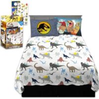 Jurassic World Bedding Set Full Size Bed - Bundle with Dinosaur Flat Sheet, Fitted Sheet, and Pillowcases for Full Bed Plus Stickers, More | Jurassic World Bedding for Boys