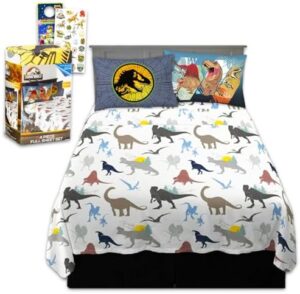 Jurassic World Bedding Set Full Size Bed - Bundle with Dinosaur Flat Sheet, Fitted Sheet, and Pillowcases for Full Bed Plus Stickers, More | Jurassic World Bedding for Boys