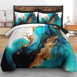 Comforter Set King Size, Mint Green Marble Gold 7 Pcs Bedding for Kids and Adults, Teal Turquoise Blue Bed Sheet Sets with Fitted Sheet 2 Pillowcase & 2 Sham for Bedroom Bed Decor - Image 3