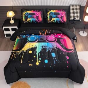 Full Size Comforter Sets 5-Piece Bed in A Bag Game Bedding Comforter Sets Gamer Bedding Set Full for Kids - All-Season with Pillowcases