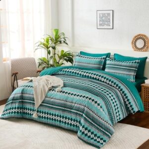 Dobuyly Boho Comforter Set Queen Size 7 Piece, Green Stripe Queen Bed in a Bag Set, Soft Mens Bedding Comforter Sets with Sheets, Pillowcases & Shams - Image 2