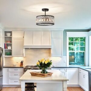 Crystal Black Ceiling Light, Modern Semi Flush Mount Ceiling Lighting Fixture, Round Hallway Lighting Fixtures Chandelier for Kitchen Entryway Bedroom Dining Room, 3-Light, 12.2 Inch - Image 2
