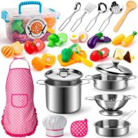 26PCS Play Kitchen Accessories, Kitchen Pretend Play Cooking Toys w/ Stainless Steel Cookware, Apron & Chef Hat,Pots and Pans Set, Cutting Foods, Great Learning Gifts for Toddler & Boys Girls