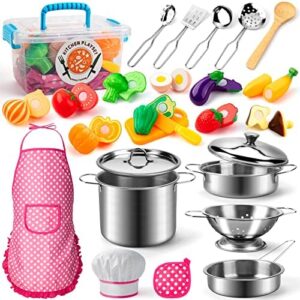26PCS Play Kitchen Accessories, Kitchen Pretend Play Cooking Toys w/ Stainless Steel Cookware, Apron & Chef Hat,Pots and Pans Set, Cutting Foods, Great Learning Gifts for Toddler & Boys Girls