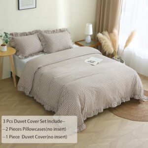 Taupe/White Plaid Ruffle Duvet Cover King Size,100% Washed Cotton 3 Pcs Vintage Checkered Chic Gingham Bedding Set Comforter Cover Set - Image 2