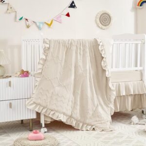 3-Piece Tufted Ruffle Crib Bedding Set for Girls - Ultra Soft Baby Bedding Set Includes Boho Crib Comforter, Sheet & Skirt (Beige)