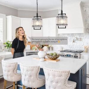 Black Glass Island Light for Kitchen, Modern Ceiling Hanging1-Light Pendant Lighting Fixture for Kitchen Dining Room Bedroom Hallway, Height Adjustable Water Ripple Glass E26 Square - Image 2