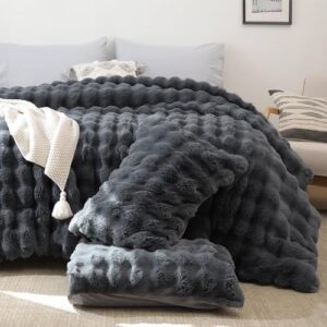 YIKUSH Fluffy Comforter Set Queen - Super Soft Dark Grey Faux Fur Comforter Bed Set, Warm Fuzzy Bedding Set for Winter (1 Comforter, 2 Pillowcases) - Image 5