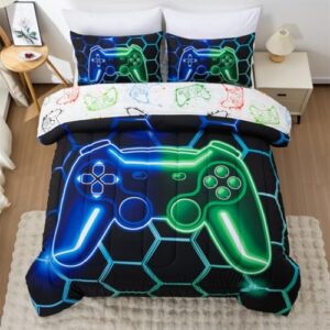 NTBED Game Console Comforter Set for Boys Girls Kids 3D Gaming Geometric Lightweight Microfiber Bedding Sets (Blue Green, Queen 5Pcs) - Image 2