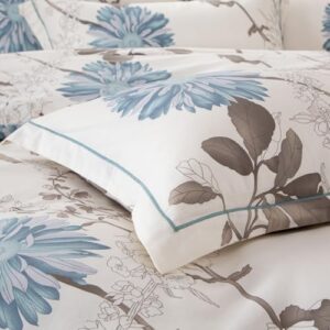 Botanical Comforter Queen Size Set-100% Cotton Fabric, Brown Branches and Blue Flowers Off-White Bedding Set, Lightweight and Soft Comforter Set, 3 Pcs(1 Comforter and 2 Pillow Shams) - Image 3