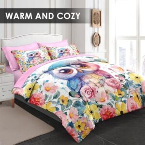 Comforter Set Queen Size, Cute Kawaii Owl 7 Pcs Bedding for Kids and Adults, Yellow Pink Floral Bed Sheet Sets with Fitted Sheet 2 Pillowcase & 2 Sham for Bedroom Bed Decor - Image 2