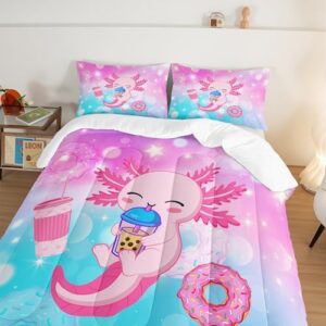 Cartoon Axolotl Twin Size Comforter Set, Kawaii Milk Tea Donut Stars Pattern, Animal Themed Comforter Set with 2 Pillowcases - Image 3