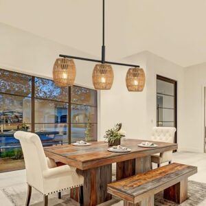 Rattan Pendant Light,3-Light Hand Wove Boho Chandelier Light Fixture,Farmhouse Wicker Light Fixture,Boho Hanging Light for Kitchen Island, Dining Room, Bar, Living Room - Image 7