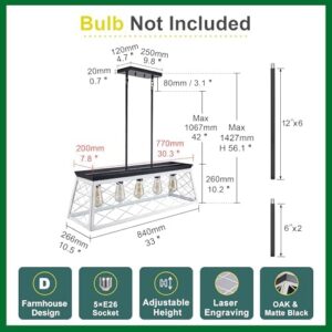 33" Farmhouse Rectangular Chandelier, Adjustable Height 5-Lights Kitchen Island Lighting, Openwork Engraved Grid Light Fixture Pendant for Dining Room Pool Table,Oak+Matte Black Finish - Image 5