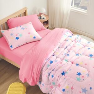 SLEEP ZONE Jersey Knit Pink Comforter Set Twin Size, Breathable & Soft Kids Bedding Set 2-Piece with Comforter, Pillowcase (Colorful Stars, Twin) - Image 6