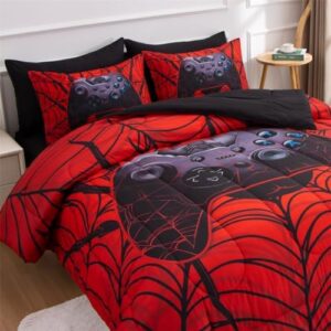 NTBED Game Console Comforter Set for Boys Girls Kids Spider Web Gaming Lightweight Microfiber Gamer Bedding Sets (Red, Twin 5Pcs) - Image 3