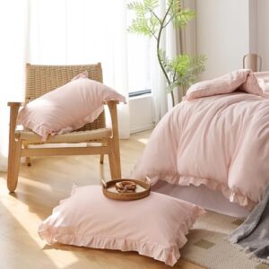 JANZAA Pink Comforter Set Queen 3PCS(1 Ruffled Blush Comforter Set and 2 Pillowcases) Vintage Shabby Chic Bedding Soft Fluffy Comforter Set All Season - Image 4