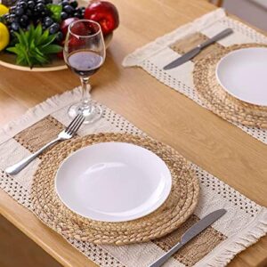Handmade Boho Placemats Set of 6 - Natural Cotton Burlap and Water Straw Woven Combination Table Mats, Macrame Décor and Farmhouse Style Placemats, for Dining Table Kitchen - Image 3