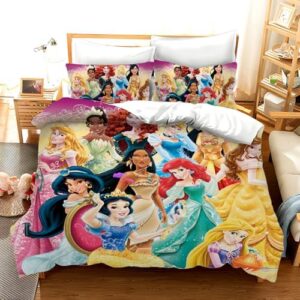Cartoon Princess Bedding Set Duvet Cover Comfortable and Lightweight Cute Bedding 3 Piece Bed Set (1 Duvet Cover and 2 Pillowcase) (Twin)