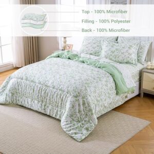 Printed Queen Comforter Set with Sheets, All Season Lightweight 7 Piece Bed in A Bag Comforter Set, Green Leaves Botanical Pattern Farmhouse Bedding Set - Image 2