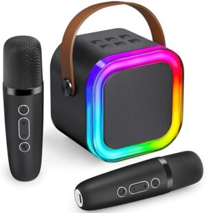Karaoke Machine for Kids Adults(KaraFun Premium), Portable Bluetooth Mini Karaoke Speaker with 2 Wireless Mics and Party Lights for Smartphones, Birthday Gifts for Girls Boys Family Home Party (Black)