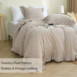 Taupe/White Plaid Ruffle Duvet Cover King Size,100% Washed Cotton 3 Pcs Vintage Checkered Chic Gingham Bedding Set Comforter Cover Set - Image 3