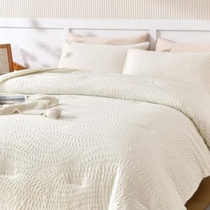 akkialla Embossed Design Queen Comforter Set,Cream White 3 Pieces Lightweight Bedding Comforter Sets for All Season,Bed in a Bag with a Fluffy Soft Comforter and 2 Pillowcases(Cream White,Queen)