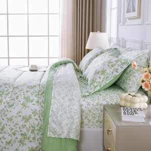 Printed Queen Comforter Set with Sheets, All Season Lightweight 7 Piece Bed in A Bag Comforter Set, Green Leaves Botanical Pattern Farmhouse Bedding Set - Image 6