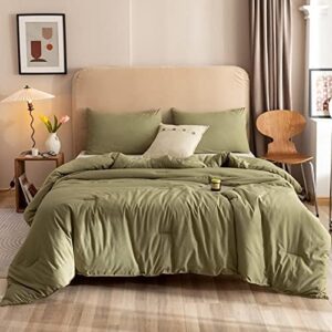 ROSGONIA Queen Comforter Set Olive Green, 3pcs Bedding Sets Queen (1 Boho Olive Comforter & 2 Pillowcases), All Season Lightweight Blanket Quilt - Image 2
