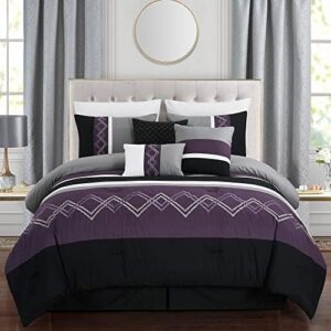 Chezmoi Collection Arden 7-Piece Modern Pleated Stripe Embroidered Zigzag Bedding Comforter Set (Queen, Purple/Black/Gray/White) - Image 2