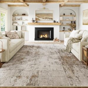 6x9 Washable Area Rug Brown Grey Neutral Abstract Living Room Bedroom Large Throw Rug Non Slip Soft Low Pile Indoor Floor Carpet for Dining Room Kitchen Office Entryway