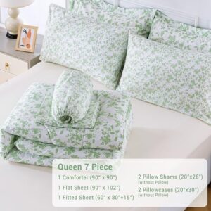 Printed Queen Comforter Set with Sheets, All Season Lightweight 7 Piece Bed in A Bag Comforter Set, Green Leaves Botanical Pattern Farmhouse Bedding Set - Image 8