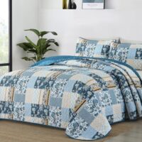 WONGS BEDDING Quilt Set King Size Blue, 3 Pieces Patchwork Plaid Bedspread Coverlet Set, Floral Soft Lightweight Microfiber Bedding Set for All Season(104"×90“)