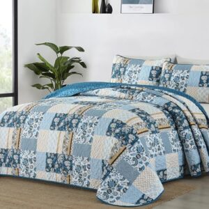 WONGS BEDDING Quilt Set King Size Blue, 3 Pieces Patchwork Plaid Bedspread Coverlet Set, Floral Soft Lightweight Microfiber Bedding Set for All Season(104"×90“)