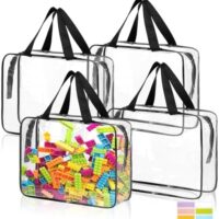 4 Pack Toy Storage Bags, Clear PVC Toy Organizer Bags with Zipper, Large Black Waterproof Reusable Toy Bags with Labels for Puzzles, Building Blocks, Board Game, Stationery, Kids Books