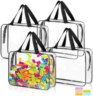 4 Pack Toy Storage Bags, Clear PVC Toy Organizer Bags with Zipper, Large Black Waterproof Reusable Toy Bags with Labels for Puzzles, Building Blocks, Board Game, Stationery, Kids Books
