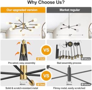 33" Modern Chandelier Ceiling Light Fixture, 12-Light Sputnik Chandeliers Gold and Black Mid Century Chandelier Over Table, Height Adjustable Chandeliers for Dining Room Living Room Kitchen Island - Image 5