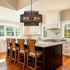 Hand-Woven Rattan Chandelier Vintage 6-Light Farmhouse Boho Bamboo Chandelier Light Fixture 23.6" Retro 3-Tier Drum Wicker Rattan Black Chandelier for Dining Room, Kitchen Island, Living Room - Image 2