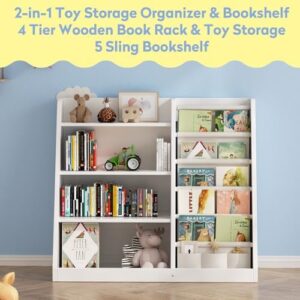 Kids Bookshelf and Toy Storage Organizer, 4 Tier Wooden Kids Book Shelf with Sling Book Rack in Kids Room Playroom Nursery for Kids, Children, Toddlers, White - Image 5