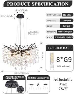 Modern Tree Branch Crystal Chandelier Luxury Blacl Crystal Pendant Lighting 23.6" Contemporary 8-Light Chandeliers for Dining Room Kitchen Bedroom Living Room - Image 2