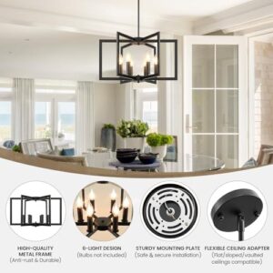 6-Light Black Chandelier, Dining Room Light Fixture, Farmhouse Chandelier, Geometric Metal Industrial Pendant Light Fixture Ceiling Hanging for Kitchen Stairway Foyer Entryway Hallway - Image 5