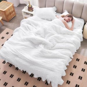 JOLLYVOGUE Queen Comforter Set, 3 Pieces White Seersucker Comforters Queen Size, Lightweight & Fluffy Bedding Sets Queen for All Season with 1 Ruffle Comforter and 2 Ruffle Pillowshams - Image 9