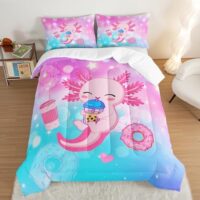 Cartoon Axolotl Twin Size Comforter Set, Kawaii Milk Tea Donut Stars Pattern, Animal Themed Comforter Set with 2 Pillowcases