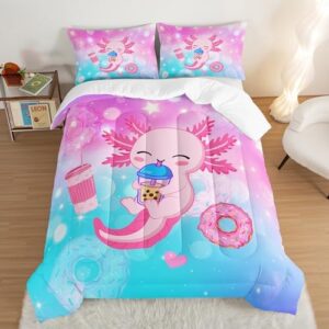 Cartoon Axolotl Twin Size Comforter Set, Kawaii Milk Tea Donut Stars Pattern, Animal Themed Comforter Set with 2 Pillowcases
